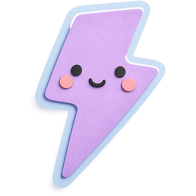 adorable pastel lavender lightning bolt with soft glow and shy face, no arms or legs, full body, kawaii style emoji