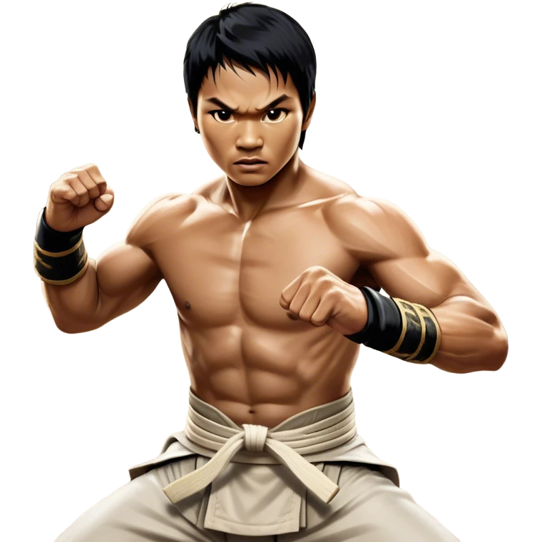 Tony Jaa – Cinematic Realistic Portrait of Tony Jaa, depicted as a dynamic martial arts warrior with intense eyes and a powerful stance in traditional Thai fighting attire, rendered in mid-motion with dramatic lighting and high-detail textures that capture his raw physicality and grace. emoji