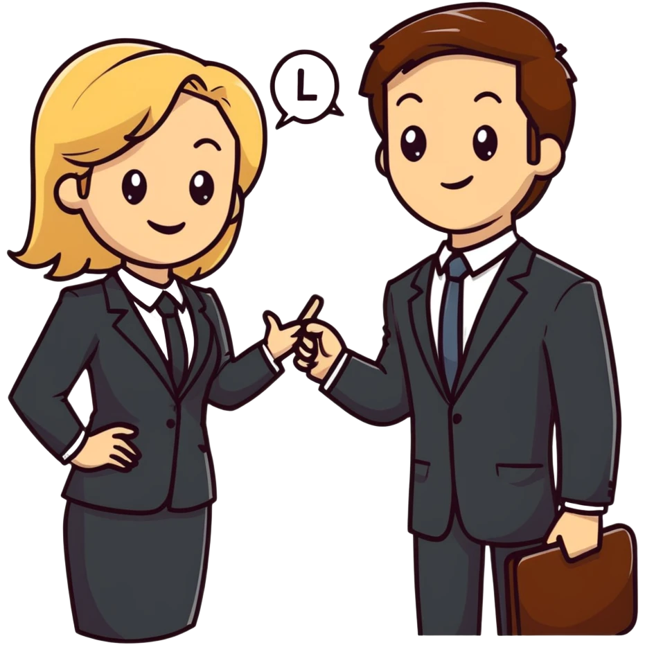 blonde woman in business suit talking to smiling brown-haired man in white shirt emoji