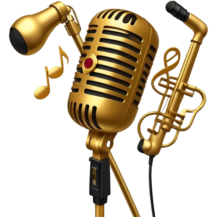 Create a sophisticated and smooth emoji representing jazz vocal performance. The design should feature a stylized microphone, with musical notes swirling around it to convey the fluid, improvisational nature of jazz. Add subtle elements like a vintage microphone stand or a hint of a singer’s silhouette in the background to reflect the live, intimate feel of jazz performance. Use deep, rich colors like gold, black, and burgundy to evoke the classic, smooth vibes of jazz. The background should be transparent. emoji