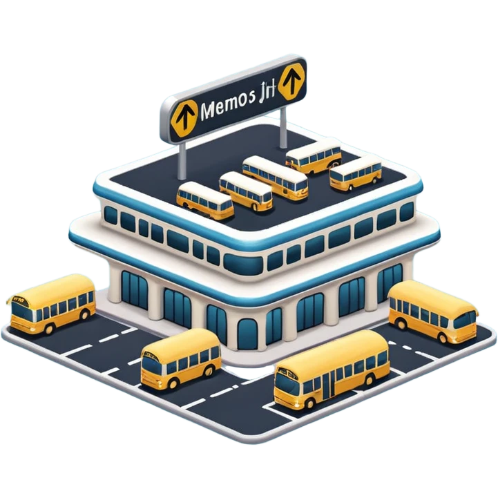 A 3D cartoon bus terminal with multiple buses parked, roofed structure, and directional signs, Memoji-style. emoji