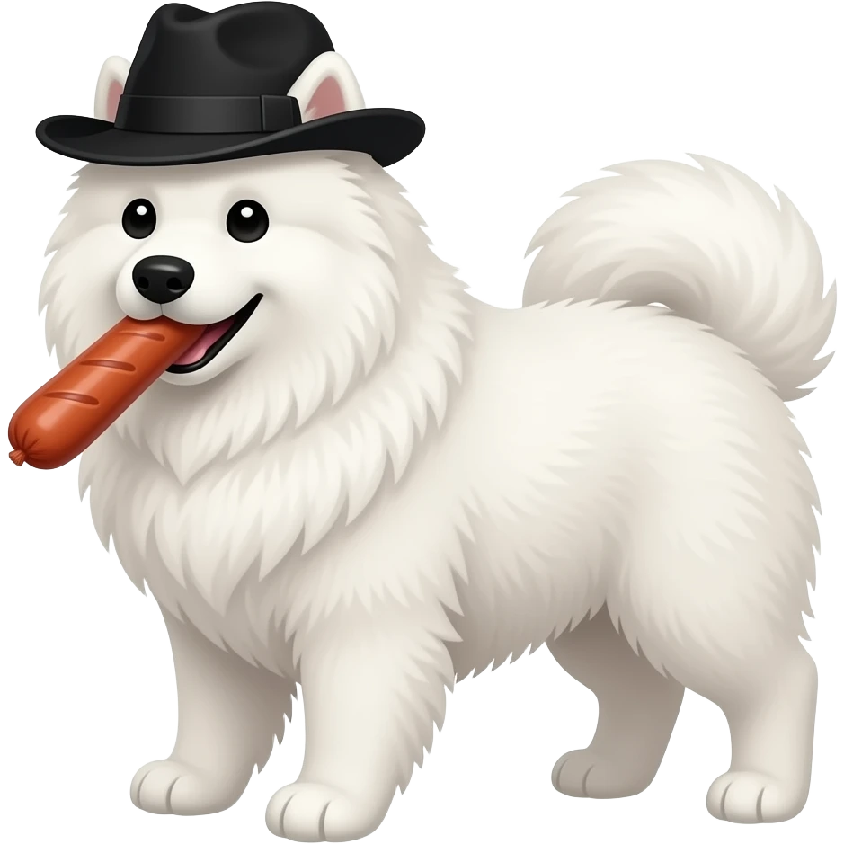 samoyed with black hat eating sausage emoji