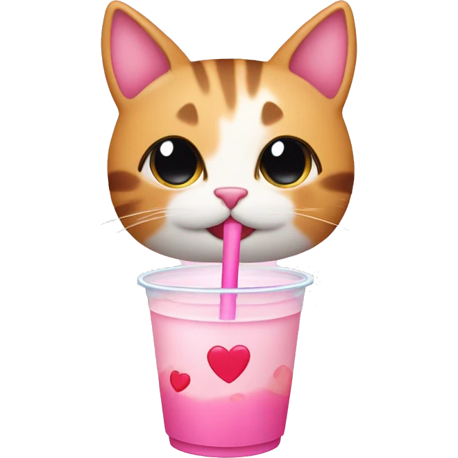 Cute cat drinking bubble tea with pink hearts emoji