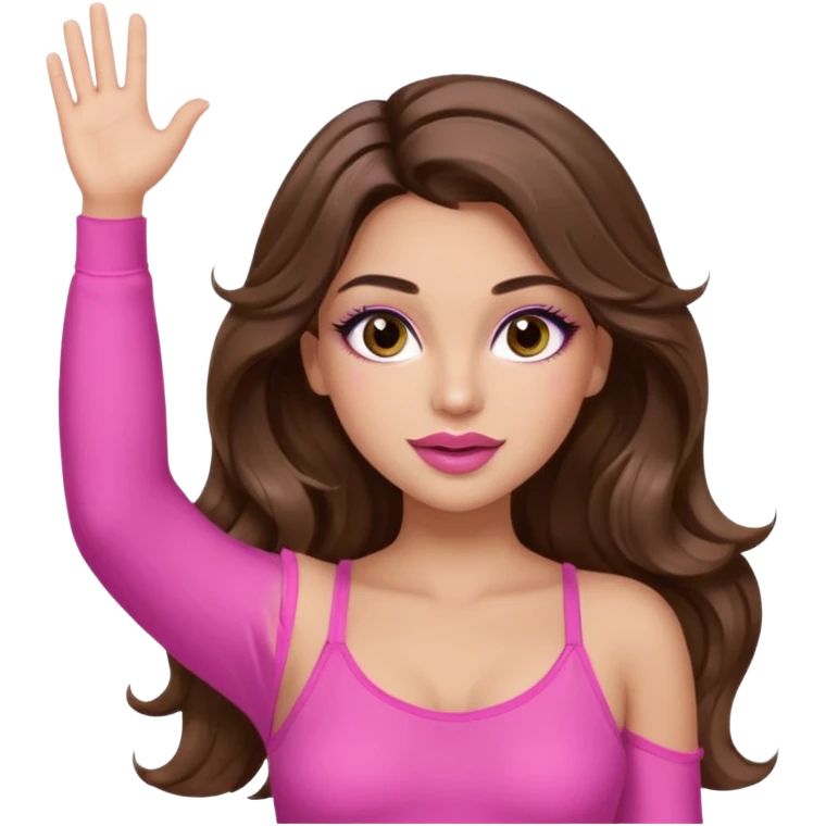 girl with long wavy brown hair, brown eyes, long lashes makeup, sexy pink lips, light to medium complexion, wearing a pink sexy top, one hand in the air high emoji