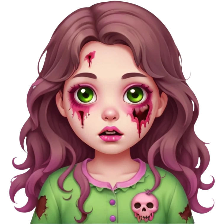 Zombie teen girl, long wavy brown hair, big doe BROWN EYES, cute chubby cheeks and lips, coquette / kawaii style, green zombie skin, lots of bruises, pink clothes emoji
