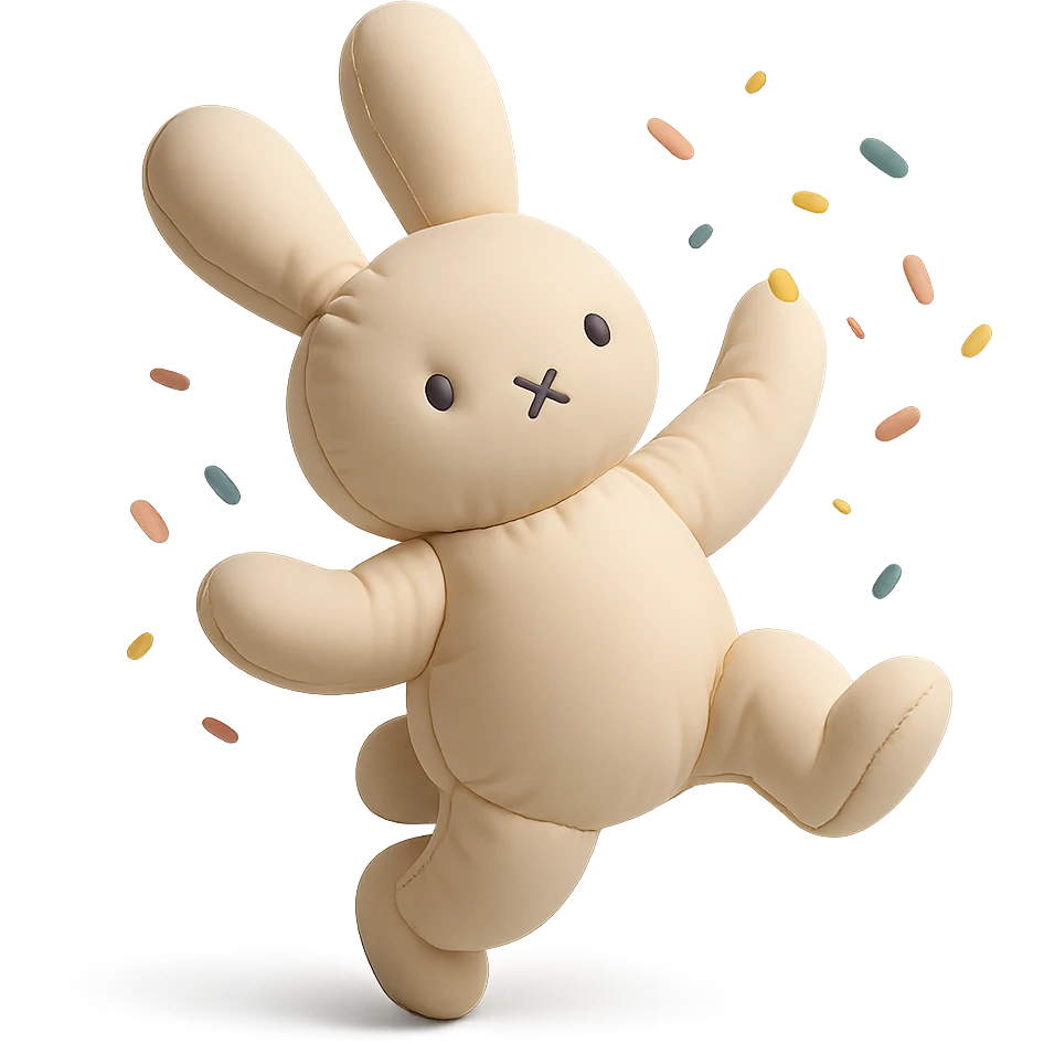 cotton bunny throwing confetti and spinning, full body, clean and polished, no imperfections, cushion style emoji