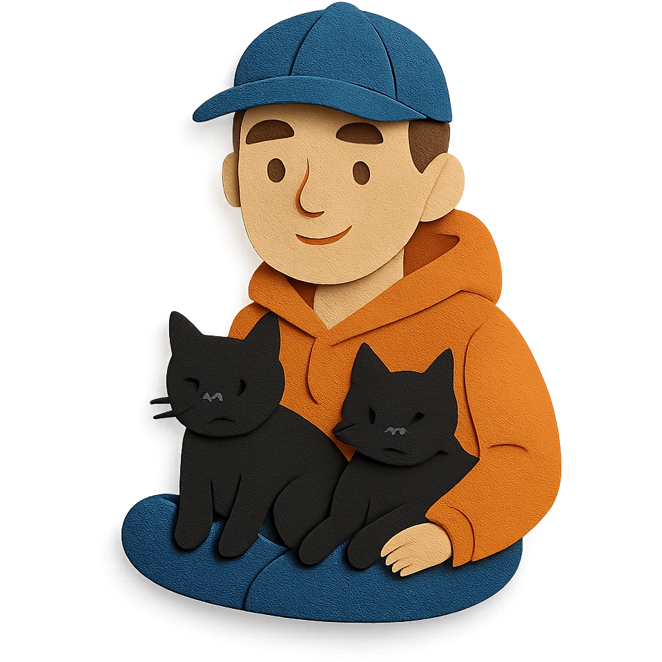 guy with a cap and hoodie, two black cats on his lap emoji