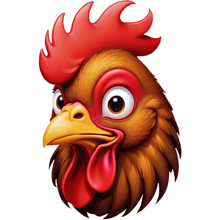 Cinematic Comical Brown Rooster Portrait Emoji, Head tilted dramatically with an exaggeratedly amused expression, featuring a striking, glossy brown plumage with a bold red comb, wide, expressive warm eyes filled with playful disbelief, Simplified yet hilariously expressive features, highly detailed, glowing with a slightly sassy glow, high shine, dramatic yet playful, stylized with an air of cheeky mischief, bright and endearing, soft glowing outline, capturing the essence of a spirited and over-the-top rooster, so meme-worthy it feels like it could crow its way into internet fame instantly! emoji