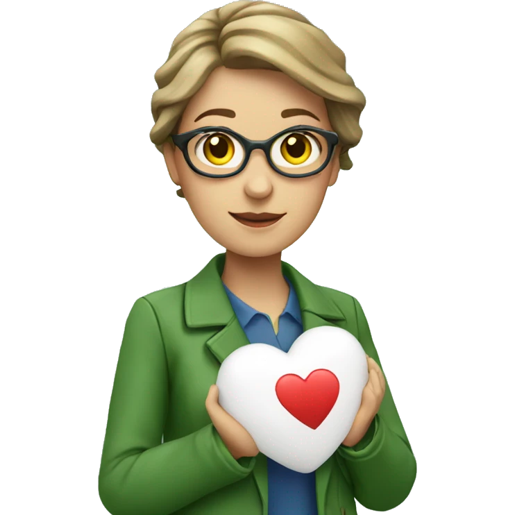 A European female teacher in a green jacket holds a heart in her hands emoji