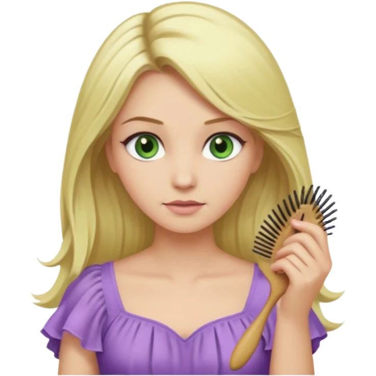 blonde woman with swamp green eyes and a soft purple dress combing her hair, iOS emoji style emoji
