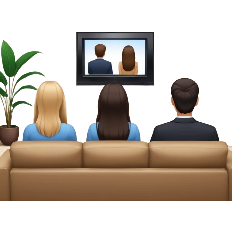 A man and a women long hir  photographed from behind, sitting on a sofa and watching the news on TV on a modern flat screen. The setting is a living room. emoji