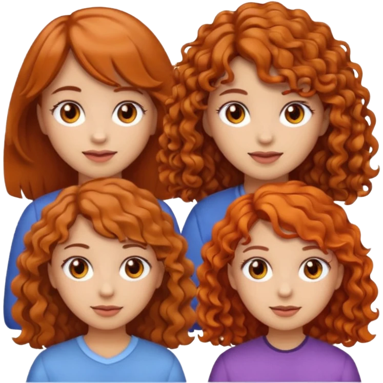 three girls emoji, left girl light skin curly brown hair brown eyes, center girl light skin wavy orange hair light brown eyes, right girl light skin light brown hair with bangs brown eyes emoji