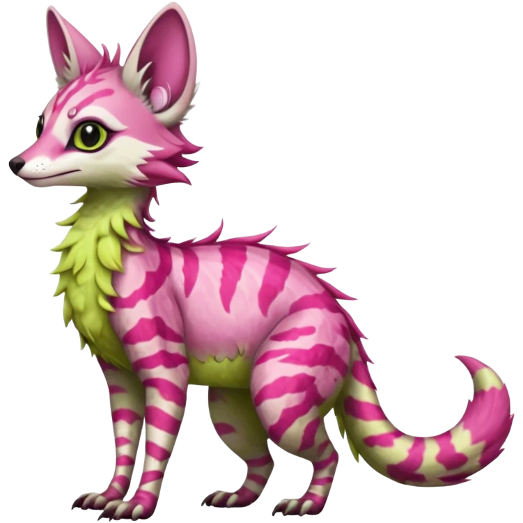Feral Rare Fantasy   vivid tropical mango-lime-pink splash-patterned silky fur Vernid-Sergal-Genet-Trico-species by LiLaiRa, random markings, tufted tail, tufted ears, full body emoji