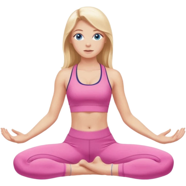  long blown out blonde hair woman blue eyes wearing pink workout set doing pilates emoji