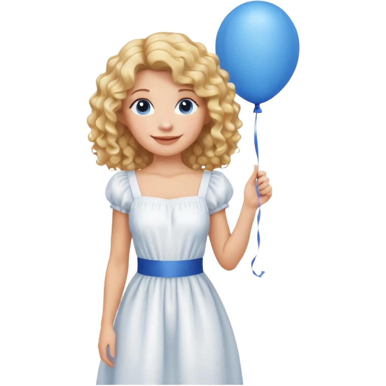 Woman curly long blonde with blue balloon, white dress emoji