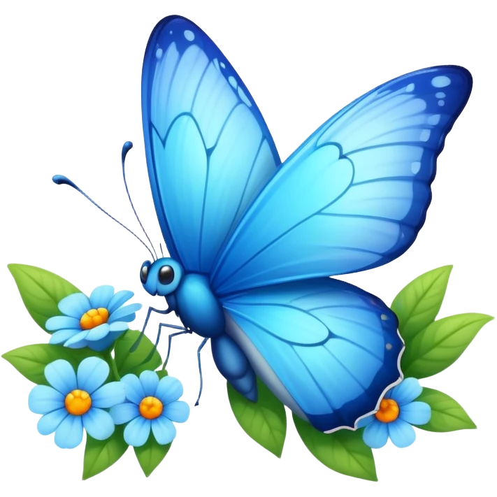 A vibrant blue butterfly with a cute smiling face, fluttering in spring with flowers around emoji