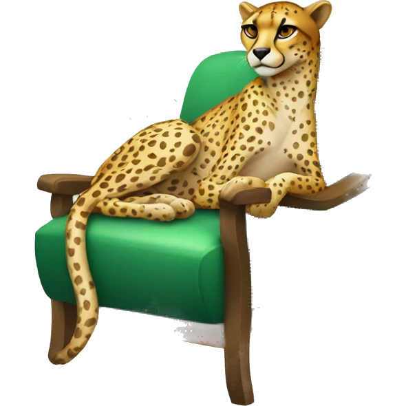 humanoid cheetah resting on a chair wearing a cucumber mask emoji