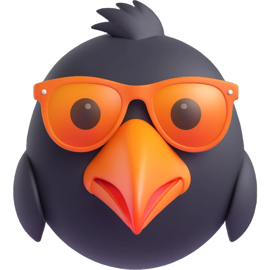 cartoonish 3D emoji of a black bird head with a large orange beak and orange sunglasses emoji
