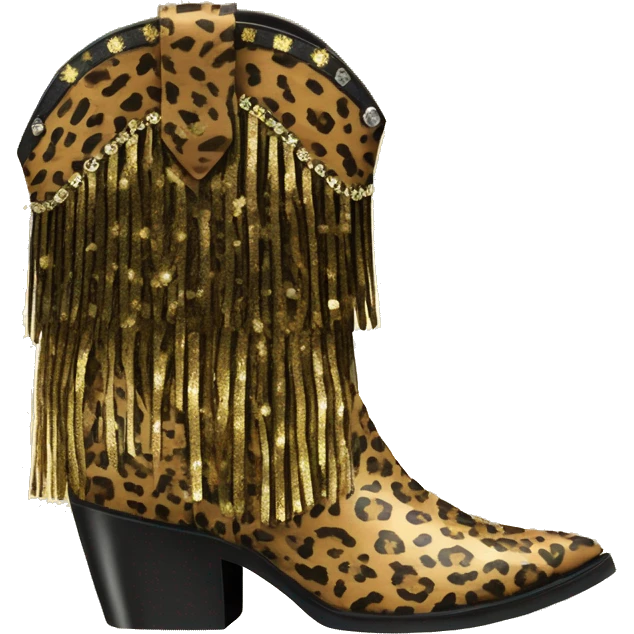 Realistic leopard print fashion cowgirl boots with sparkly shiny glitter fringe on them. emoji