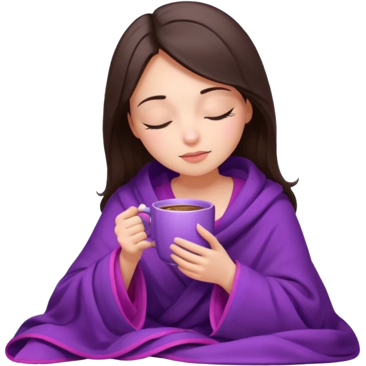 girl brunette inside a violet blanket sipping coffee from pink mug eyes closed emoji