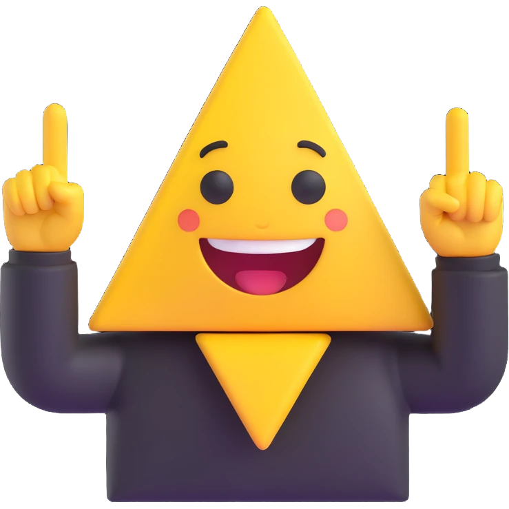 A 2D cartoon-style yellow emoji with a mischievous smile, triangle-shaped eyes, and both hands pointing upward with index fingers.  clean digital style, and a fun, dancing expression. Style similar to children’s drawing tutorials, dancing expression. No background, isolated on white.  emoji