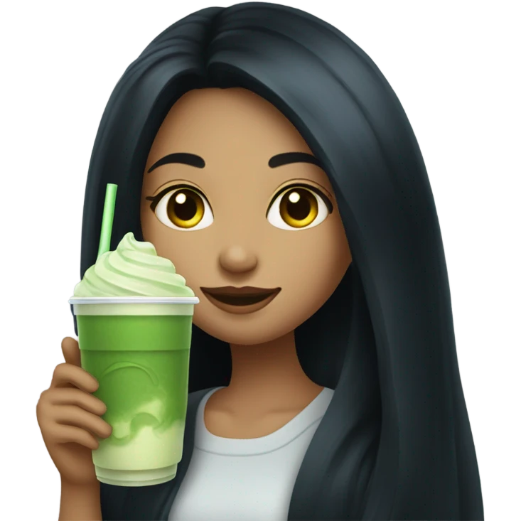 girl with long black hair and an iced matcha emoji