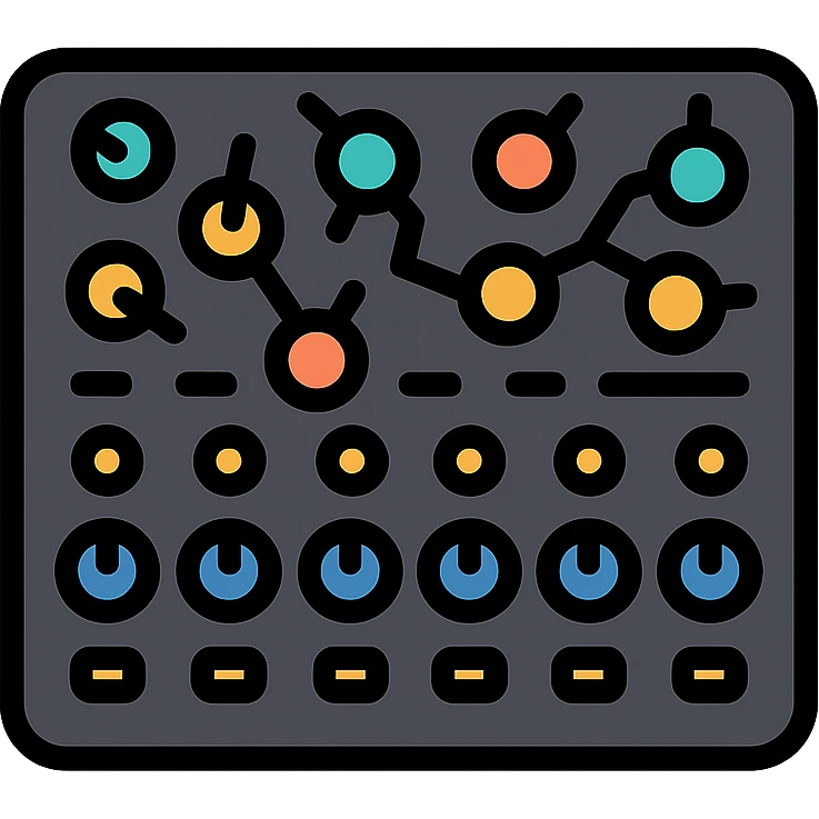 A black synthesizer without keys, featuring a row of eight knobs at the bottom, each with two smaller knobs above them, and a chaotic arrangement of six knobs at the top emoji