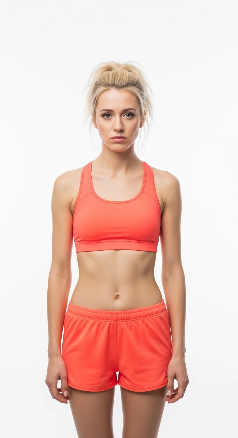 donna fitness molto magra ma con espressione triste, isolata su sfondo bianco emoji