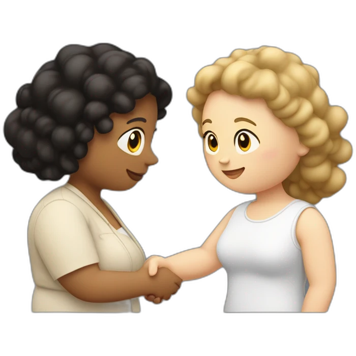 tan chubby woman with black curly hair shakes hands with a chubby pale woman who has straight light brown hair emoji