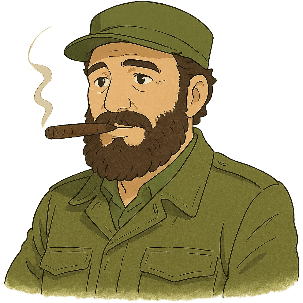 ghibli style illustration of Fidel Castro with a cigar emoji