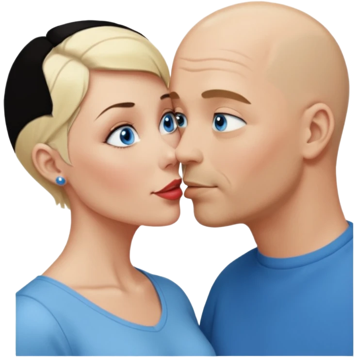 middle aged bald man with salt and blonde scruff, blue eyes and short haired blonde woman with blue eyes kissing each other emoji