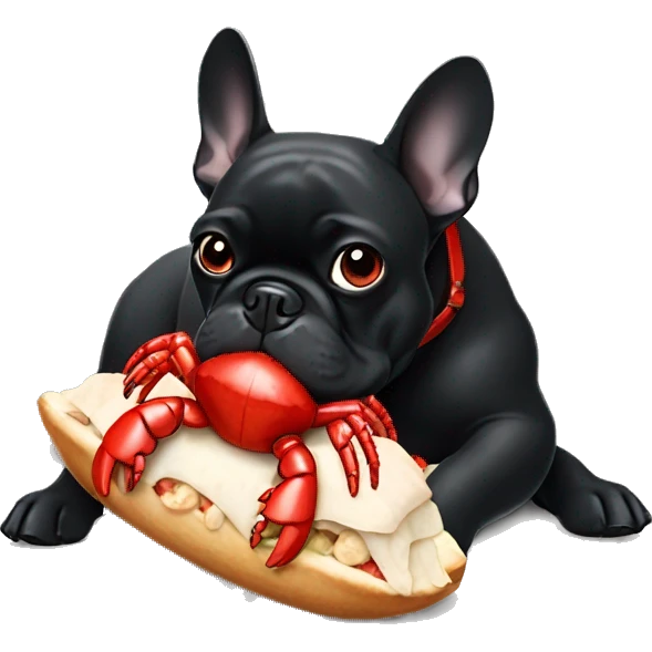 A black French bulldog eating a red lobster toy emoji