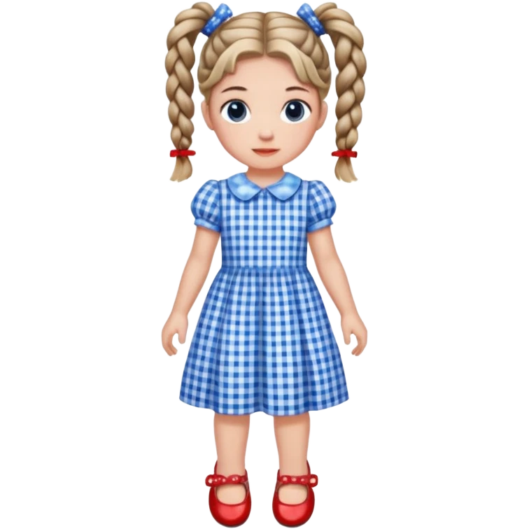Girl with braided pig tails, blue gingham dress, red sparkly shoes emoji