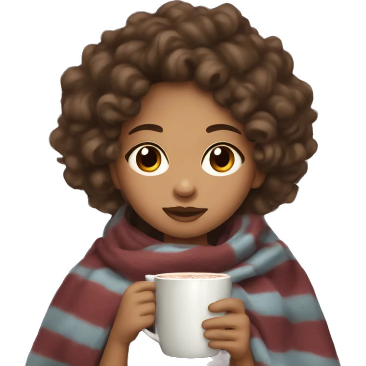 Light skin girl in blanket, drinking hot cocoa with curly hair emoji