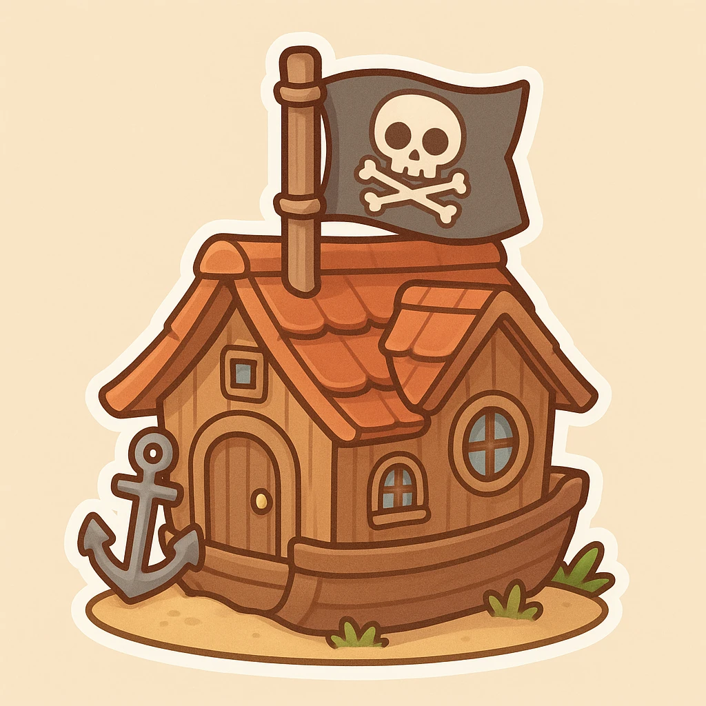 old pirate's house with skull flag emoji