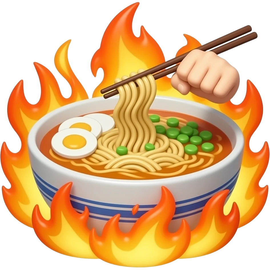 3D anime icons of ramen bowl with chopsticks, ninja fist punch, fire flames, vibrant colors, soft lighting, glossy material, centered composition, clean background, consistent style, high quality, 4K emoji