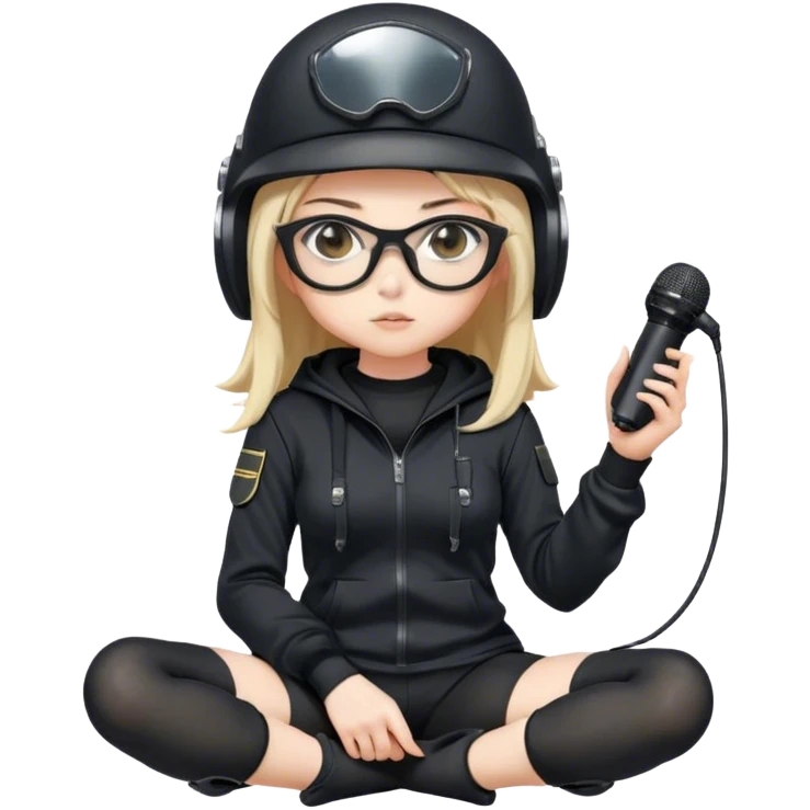Anime girl in a black hoodie, wearing a military helmet with a built-in microphone, black glasses, and thigh-high stockings, sitting at high-tech controls with a focused expression emoji