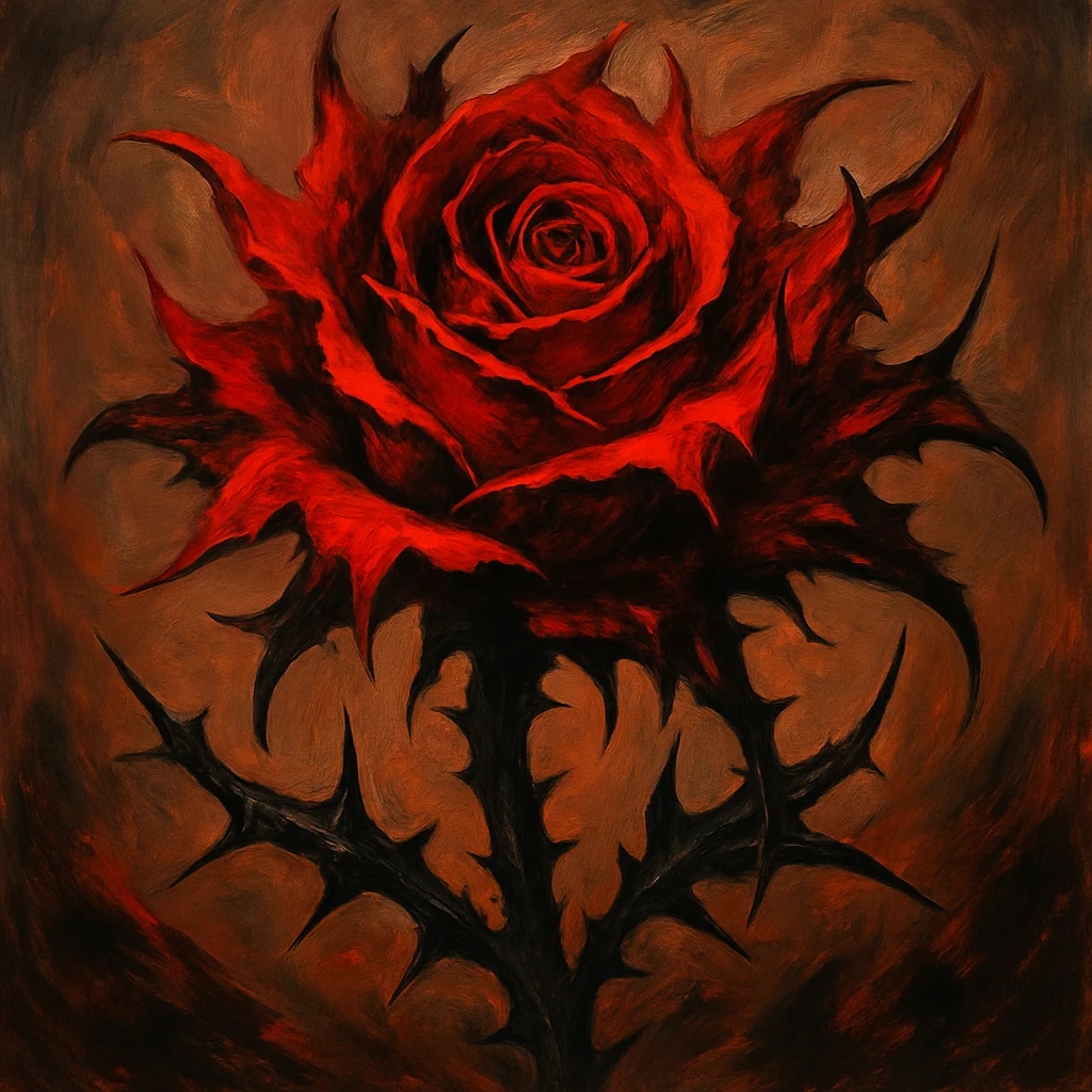 a bold, savage rose with unruly petals and dangerous thorns, full of drama emoji