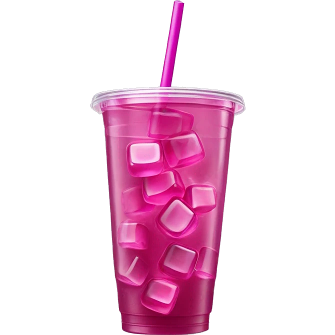 Realistic plastic cup and lid with Transluscent magenta soda and large ice cubes inside and one straw through the top of the lid. emoji