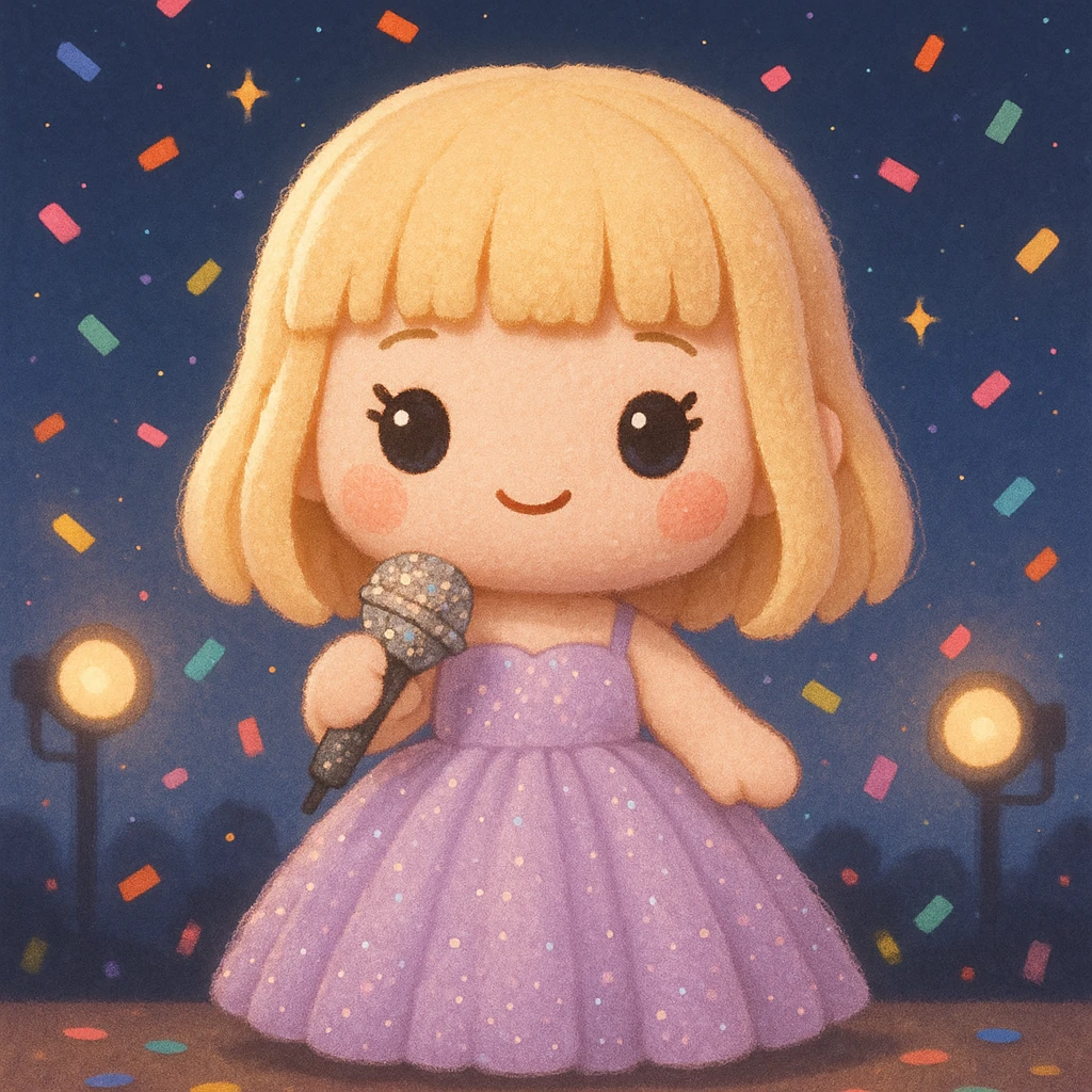 Pretty and girly Blonde pop star with bangs wearing a sparkly tulle light purple ballgown, holding a bedazzled microphone, reimagined as a soft kawaii plushie doll, with a nighttime concert backdrop with colorful confetti emoji