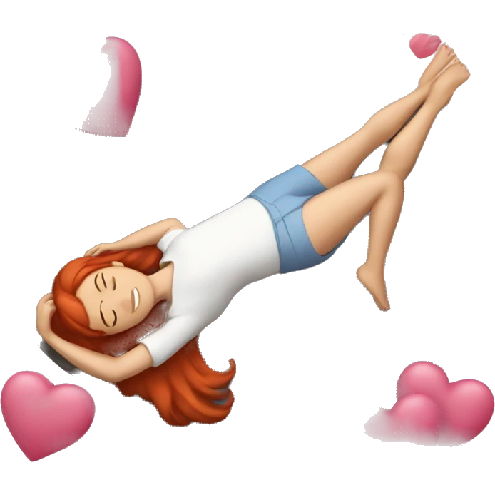 A woman laying on her back on a rock, red hair, butter flies around, pink hearts emoji