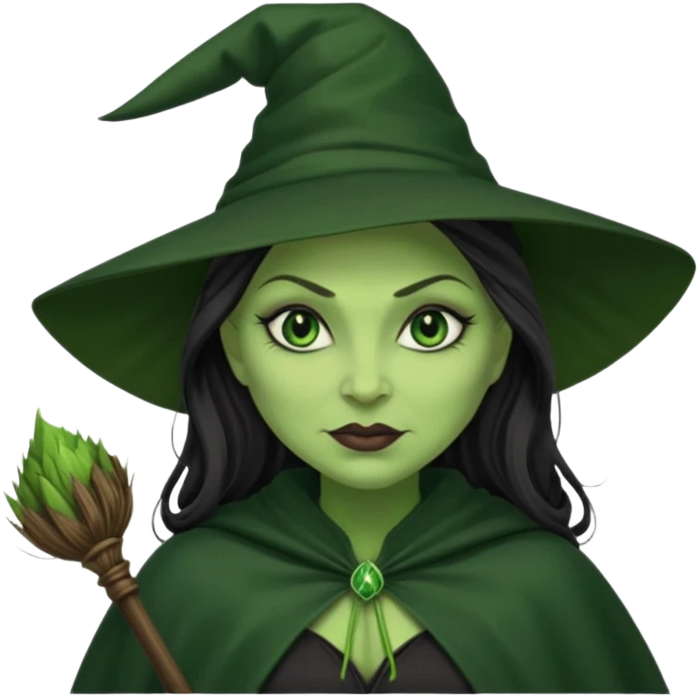 elphaba wicked witch with broom close up, evil dark coily long  hair, green skin, thick green lips, cheekbones, smirk evil menacing cythia erivo dark aesthetic black hat cloak  emoji