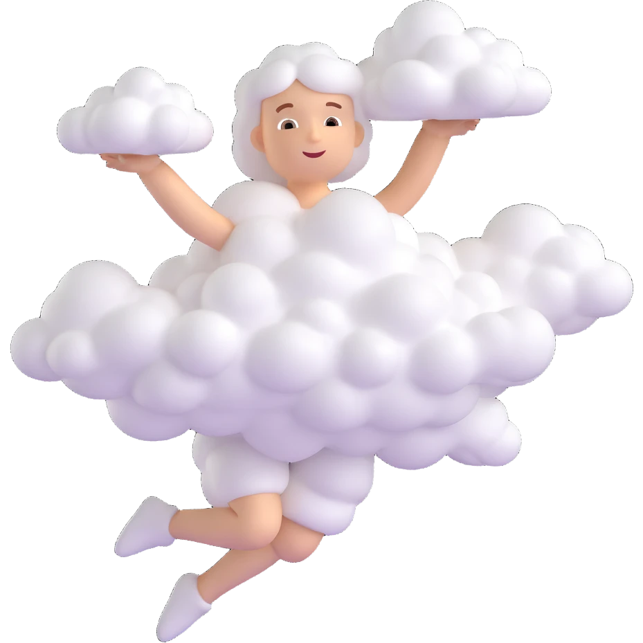 a minimalist and airy human figure flying, entirely composed of small, very white, fluffy, convex clouds, no background, no extra details emoji