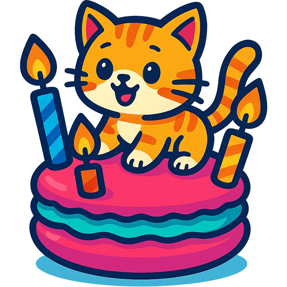 kitten riding giant macaron with candles, vibrant-toon style emoji