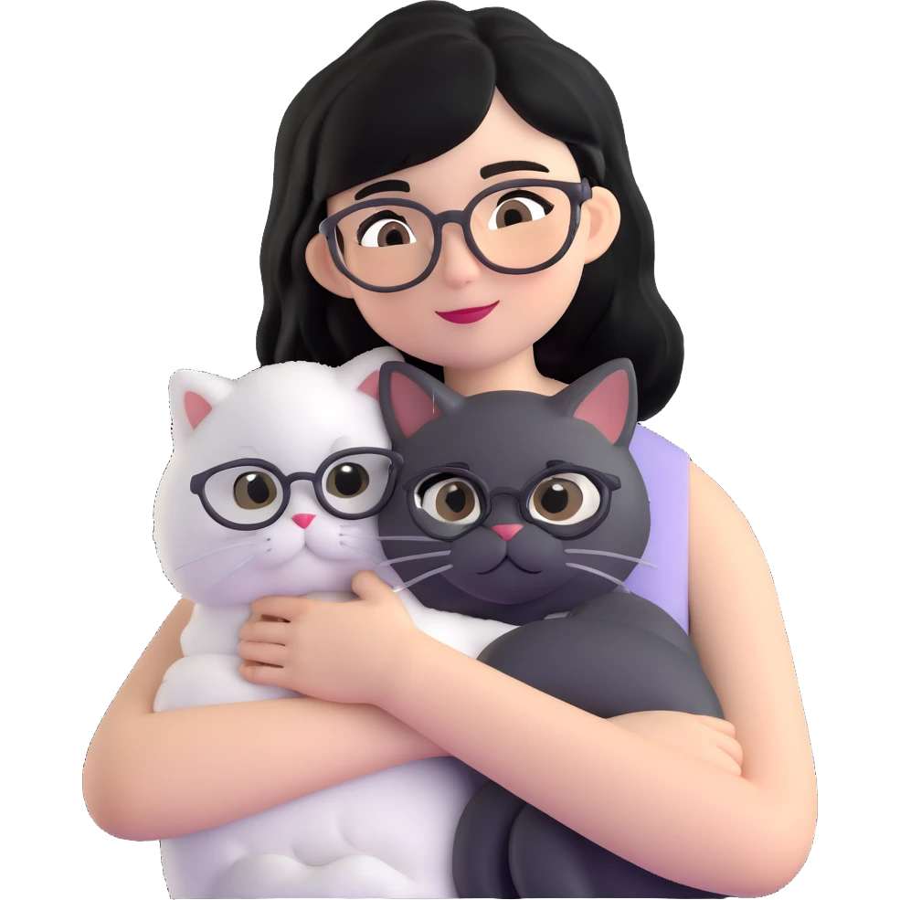 Skinny woman with oval glasses, shoulder length straight black hair, wearing white sleeveless top, hugging a grey Persian-Angora cat, plain background emoji