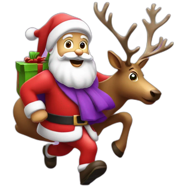 Santa Claus dressed in purple running with the reindeer to deliver the presents emoji