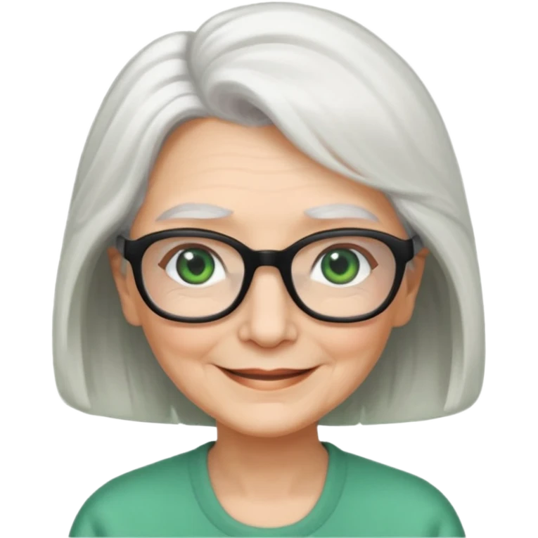White hair grandma, green eyes, hair to shoulder, lokeg black glasses, rectangles face, smile , emoji