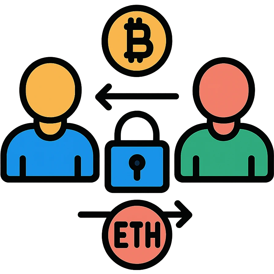 Secure P2P crypto transaction with escrow service, showing two people, cryptocurrency symbols, and a lock emoji