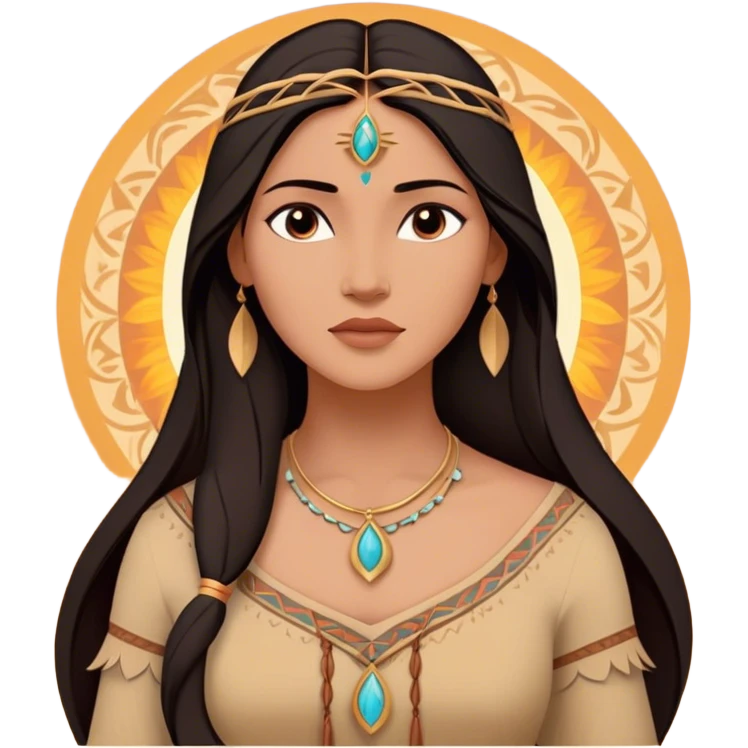 Cinematic Radiant Pocahontas Portrait Emoji, rendered in a vector-style with clean lines. Show Pocahontas with luminous, sun-kissed skin and flowing dark hair adorned with subtle natural ornaments, her expression calm and kind, dressed in simple traditional attire with earthy tones. The image glows softly with a warm, inviting radiance, enhanced by a soft glowing outline. emoji