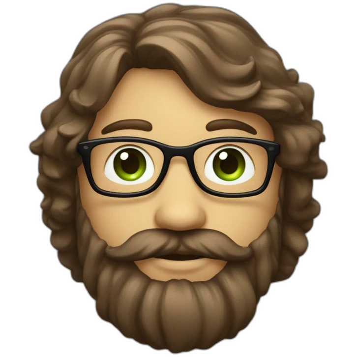 Une visage d’un homme cheveux mi-long un peu ondulée de couleur brun, avec des yeux vert, une barbe bien taillé pas grosses et des lunettes assez fines  emoji